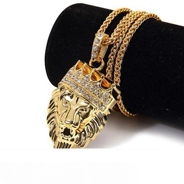 

hipsters 18k gold plating rhinestone punk rock hip hop jewelry lion king head pendant twisted long chain necklace for men woman joyas bijoux, Silver