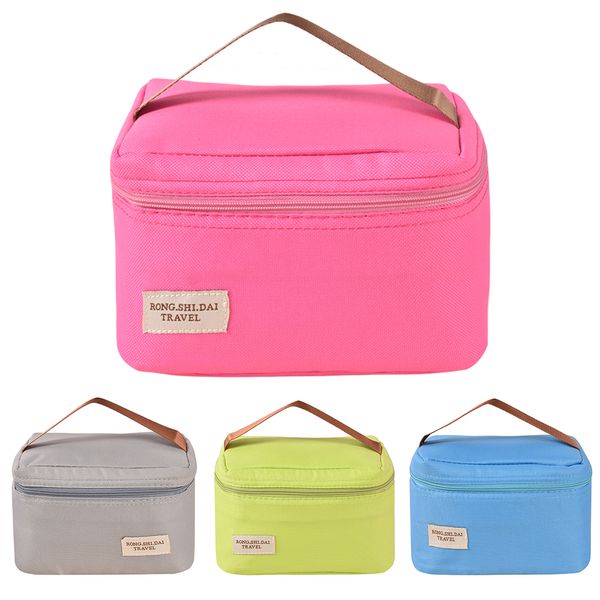 

litthing thermal lunch bag resuable cooler bag front pocket zipper closure waterproof insulation fashion printed lunch box, Blue;pink