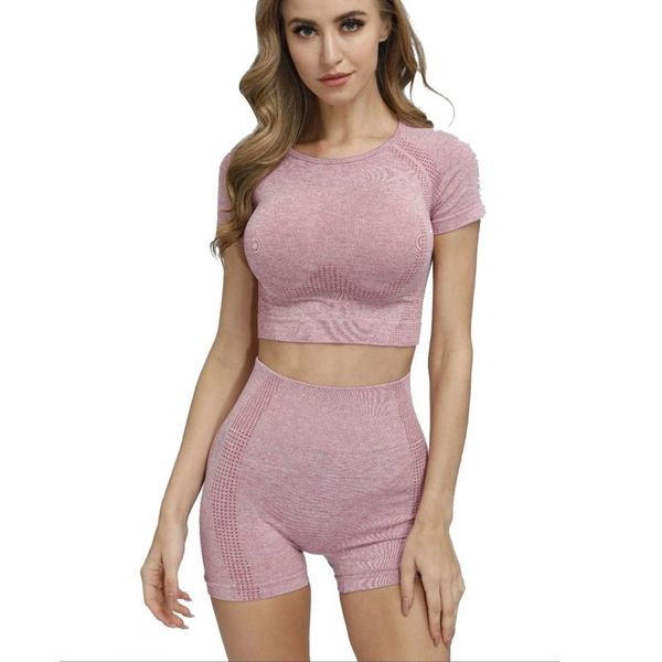 

women high stretchy compression comfort short sleeve shirts and shorts seamless set
