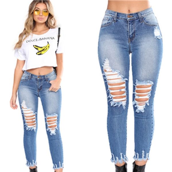 

2018 ripped distressed jeans female femme skinny jeans ladies hole denim pants women big size ladies, Blue