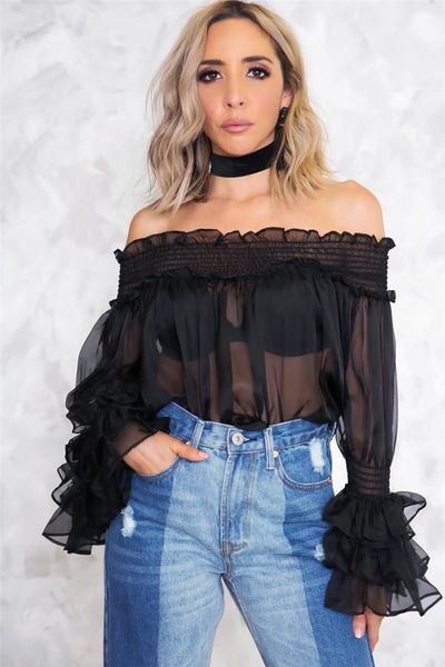 

plus size designer womens tshirts sheer panelled ruffle tshirts casual natural color long sleeve tees women clothing, White