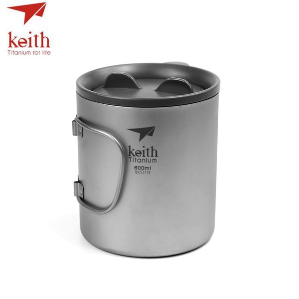 

keith pure titanium double wall water mugs with folding handles drinkware outdoor camping cups ultralight travel mug 450ml 600ml