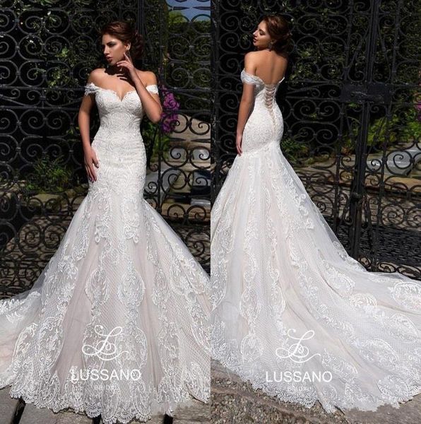

off the shoulder full lace mermaid wedding dresses 2020 tulle applique sweep train plus size wedding bridal gowns with lace up back bm0843, White