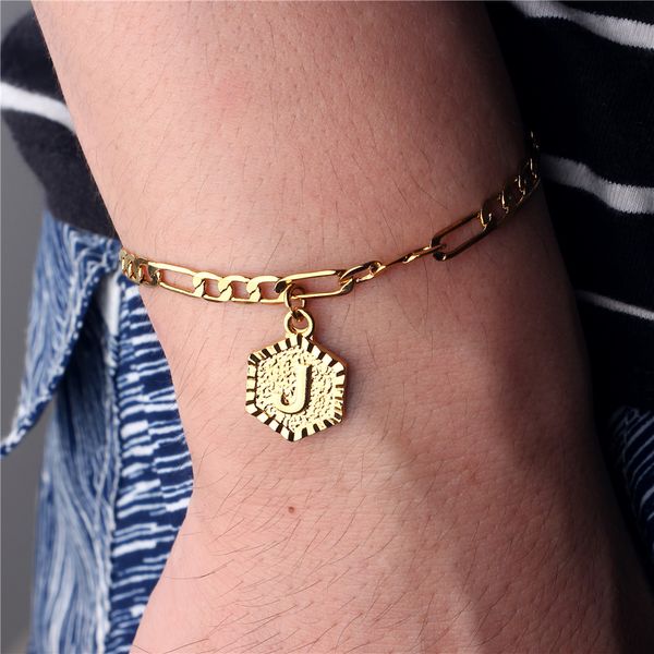 

18+6cm customized initial charm bracelet 5mm gold figaro chain for women men fashion custom with letter alphabet, Golden;silver