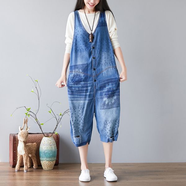 

new sleeveless one-piece suspender pants washed ripped jeans large size was thin cropped, Blue
