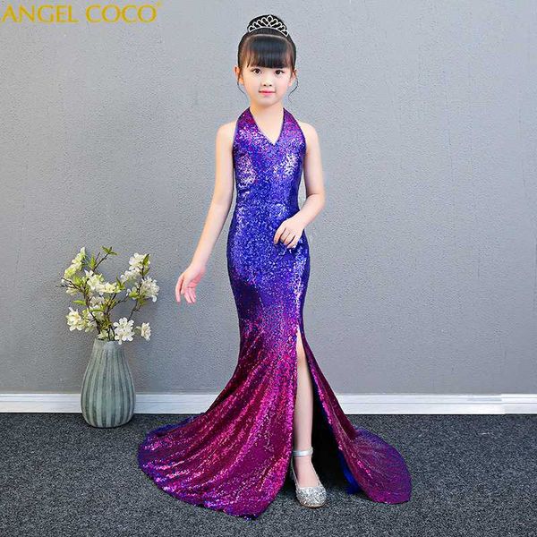 

gradient sequins shiny formal teenage girl party dress festive performance mermaid evening dress show model catwalk robe fille, Red;yellow