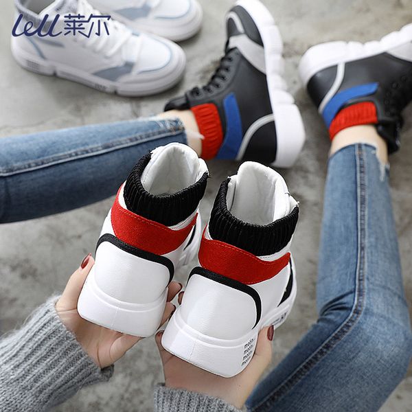 

2008 new spring and autumn highup leisure board shoes womens autumn flat bottom leather with korean version of womens small white shoes tide, Black