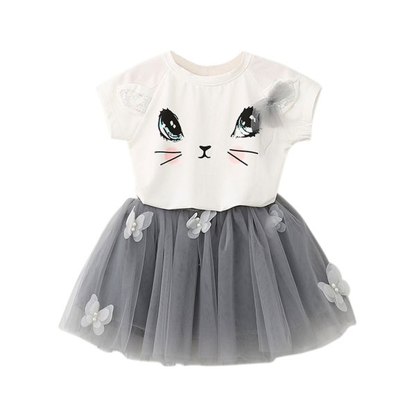 

summer baby girls clothing sets fashion cartoon cute kitten printed t-shirts+net veil butterfly beaded fluffy yarn skirt suit 2p, White