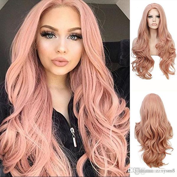 24inch Lace Front Wigs Pink Gold Wavy Wig Synthetic Hair Wigs No