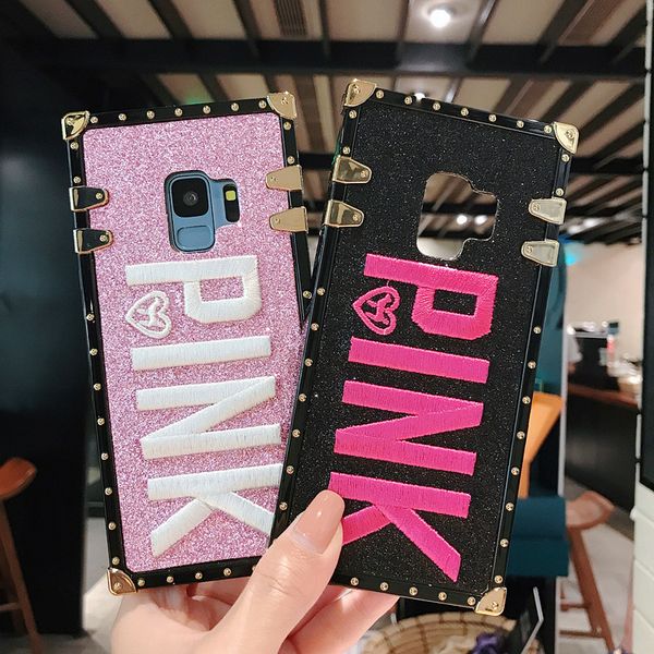 

Luxury Embroidery 3D Pink Letter Phone Case For Samsung Galaxy S9 S8 Plus Note 9 Bling Sparkle Glitter Metal Rivet Square Cover