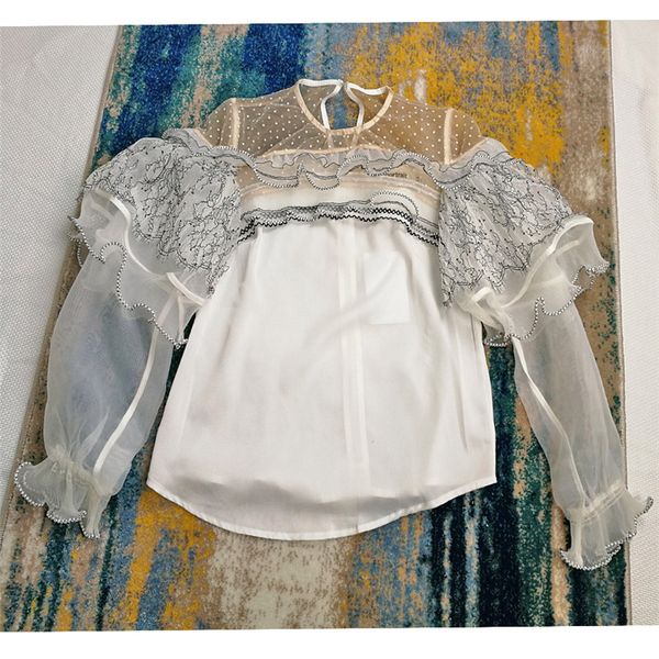

women lantern sleeve asymmetrical blouse ruffle lace patchwork summer shirt, White