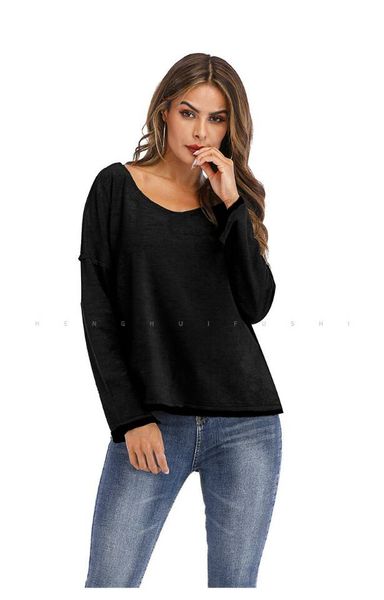 

autumn 2019 european and american pure color long-sleeved v-collar casual sweater women, Black