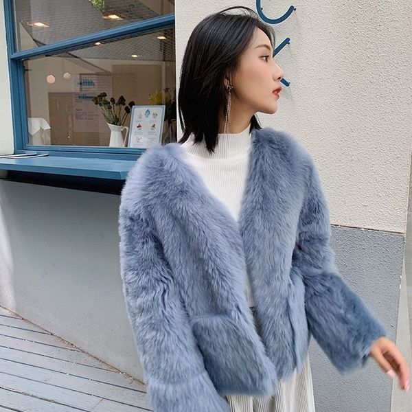 

luxury high quaility sheep shearing womens real fur short coats fashion long sleeve v-neck pockets ladies night party wear coats, Black