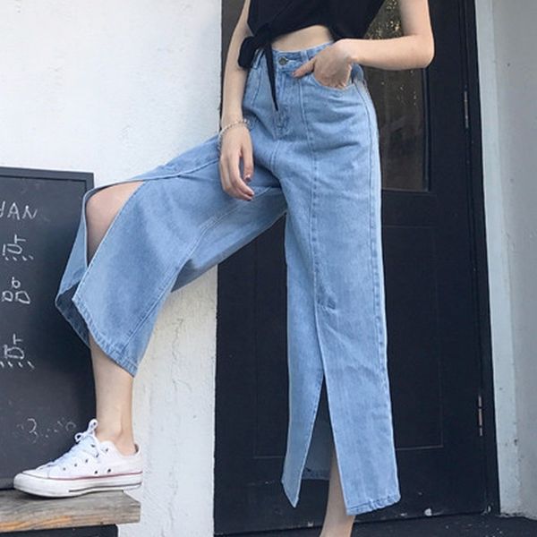 

vintage split wide leg denim pants for women ankle-length high waist jeans female 2017 autumn vaqueros pantalones mujer, Blue
