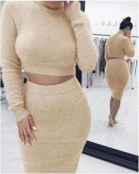 

new plush woman sweater set turtleneck and bust skirt two piece woman set autumn winter sweater female tracksuit, White
