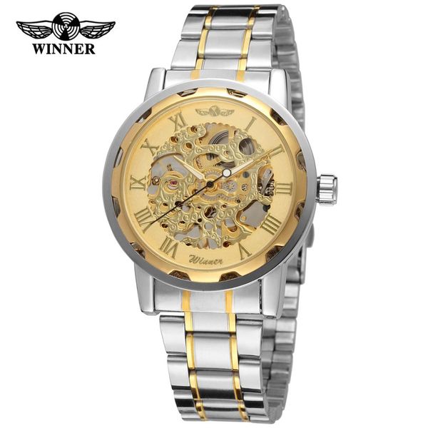 

t-winner fashion luxury business men's wrist watches stainless steel strap simple roman dial automatic mechanical watch, Slivery;brown