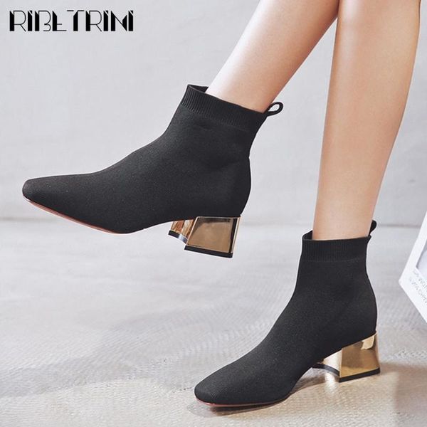 

ribetrini new spring ladies fashion square toe sock shoes woman brand ankle stretch boots women high chunky heels boots, Black