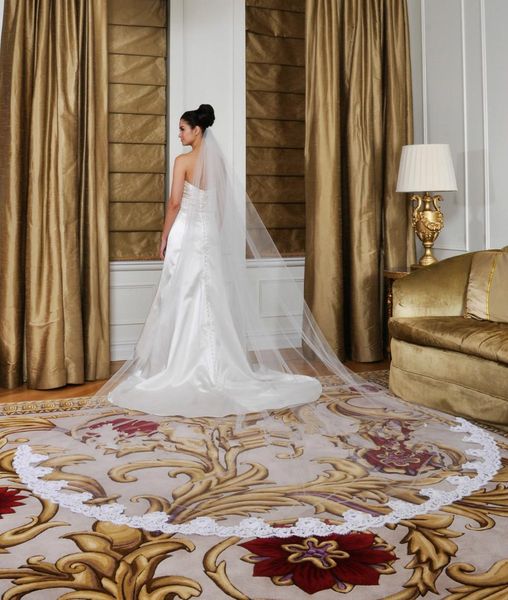 

in stock soft tulle selling one layer lace applique edge wedding veils bridal ivory white cathedral length alloy8337117, Black