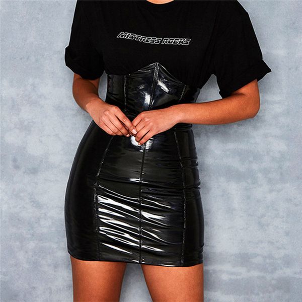 

2019 black solid polyester pencil skirt fashion high waist leather paint women skirt slim skinny ladies for party club