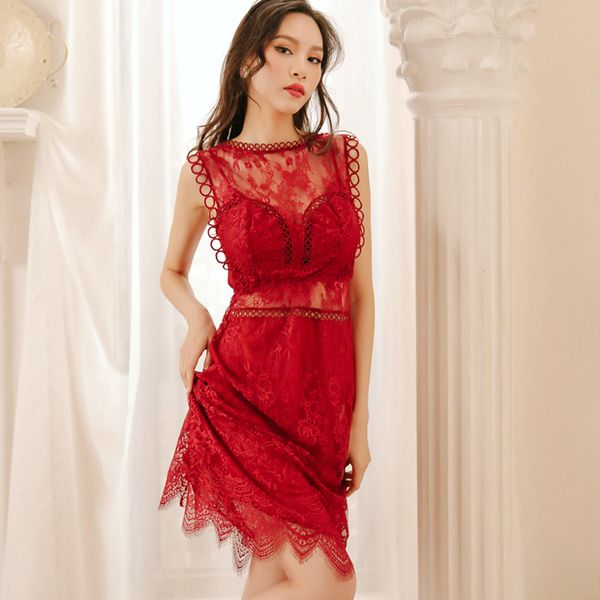 

new sleepwear women's lingerie lace summer comfortable thin shawl sling nightdress set homedress, Black;red