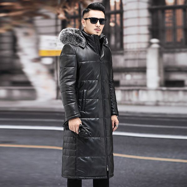 

long leather jackets mens winter sheepskin down coats hooded windbreaker duck down parkas fox fur collar thick warm snow wear overcoat, Black