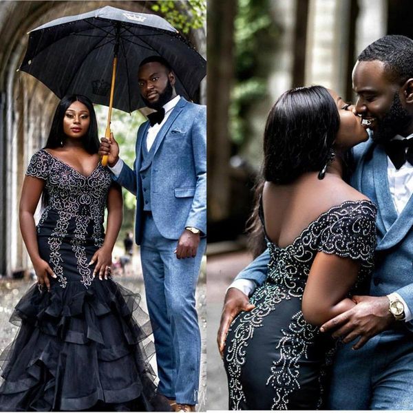 

Plus Size Black Formal Prom Dresses Off The Shoulder Beaded Sequins Evening Gowns Tiered Skirts Long Mermaid Party Dresses