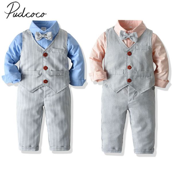 

2019 baby весна осень одежда baby boy партия галстук-бабочка костюм малыша джентльмен топы жилет брюки полосатая одежда 3шт наряд 1-7 т, White