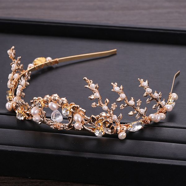 

freshwater pearls tiaras and crowns gold color headbands crystal hair jewelry bridal women hairbands wedding hair accessories, Golden;white