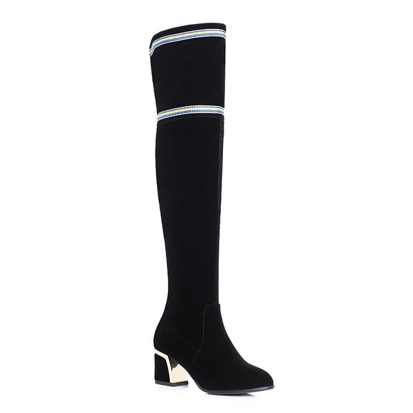 

autumn winter fashion simple thick high heel suede toe over knee long boots knee-high basic round toe boots women, Black