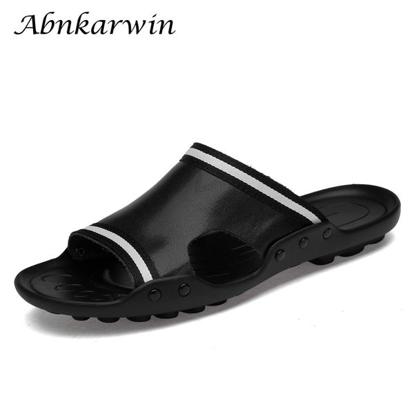 

2019 new fashion slippers leather men slides summer male shoes outside sandals men slippers for teen plus size 47, Black