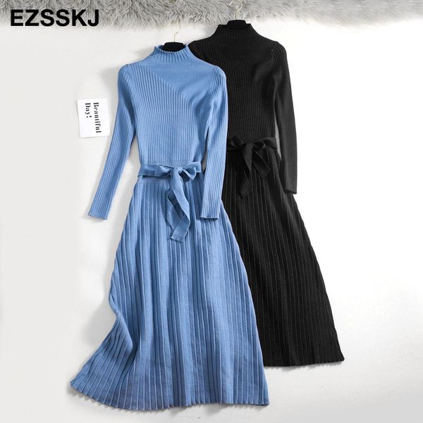 

2019 autumn winter maxi sweater dress women long sleeve ol female long sweater dress with belt elegant a-line solid slim dress, Black;gray