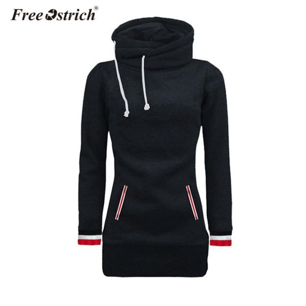 

ostrich luxury sweatshirt women turtleneck slim long sleeve patchwork pocket hoodies outerwear winter pullovers, Black