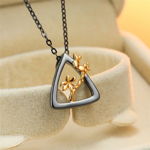 

dainty female black gold pendant necklace cute hollow triangle chain necklace charm bridal flower wedding necklaces for women, Silver