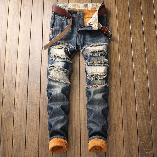 

brand winter ripped casual jeans mens straight skinny patchwork moustache effect denim keep warm fleece fashion jean pants, Blue