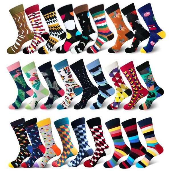

2020 brand quality mens happy socks 27colors striped plaid diamond flamingo socks men combed cotton calcetines largos hombre, Black