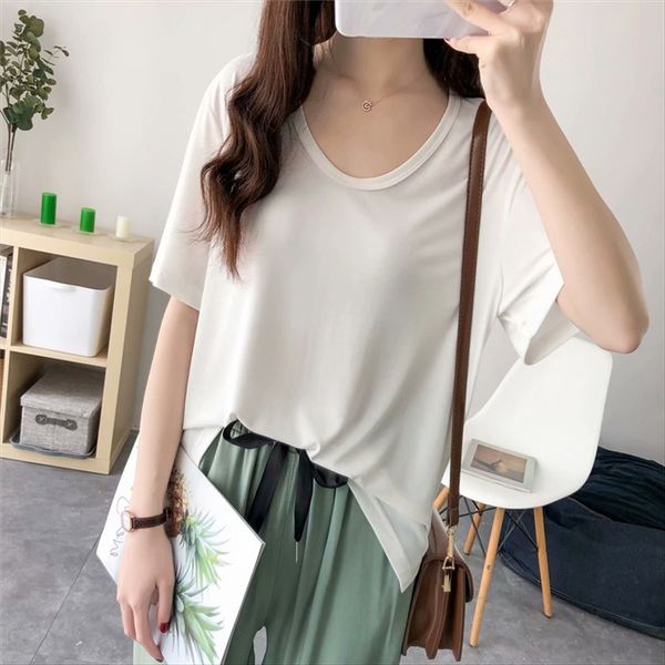 

short-sleeved t- t-shirt coat female student round neck loose base shirt all-match copper ammonia silk women's sw170, White