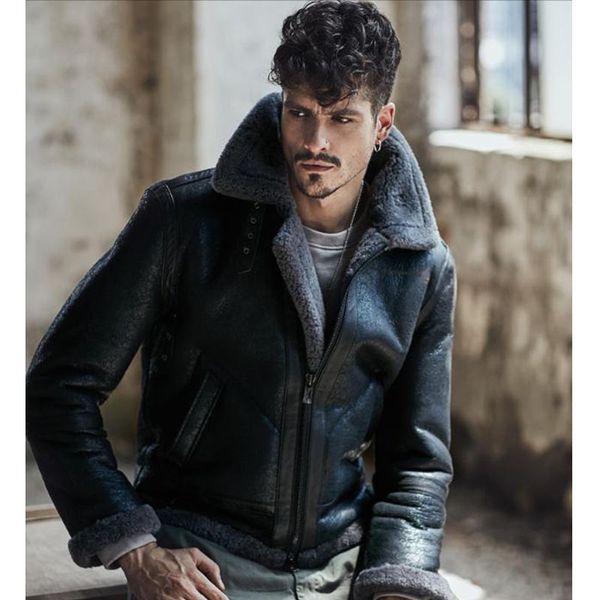 

2018 new fashion men's shearling leather jacket dark brown b3 jacket original flying camouflage gray, Black