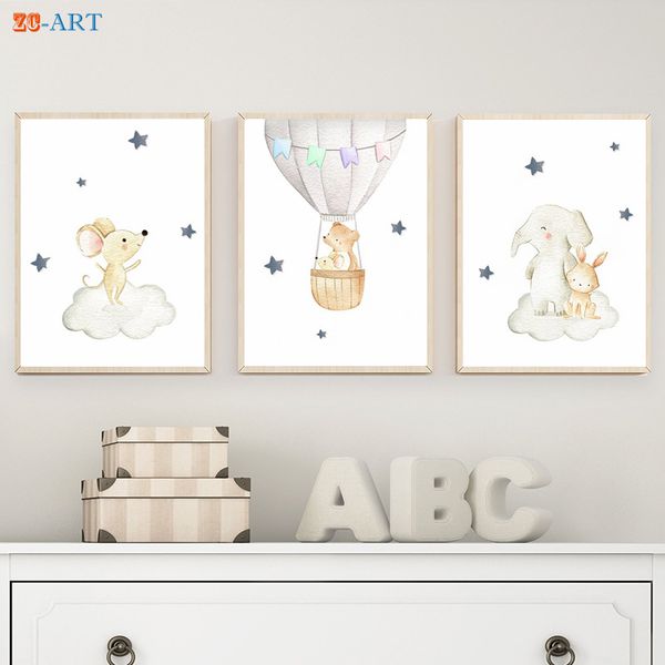 

baby animals prints moon star clouds posters canvas painting grey neutral wall art kids bedroom decorative picture nursery decor