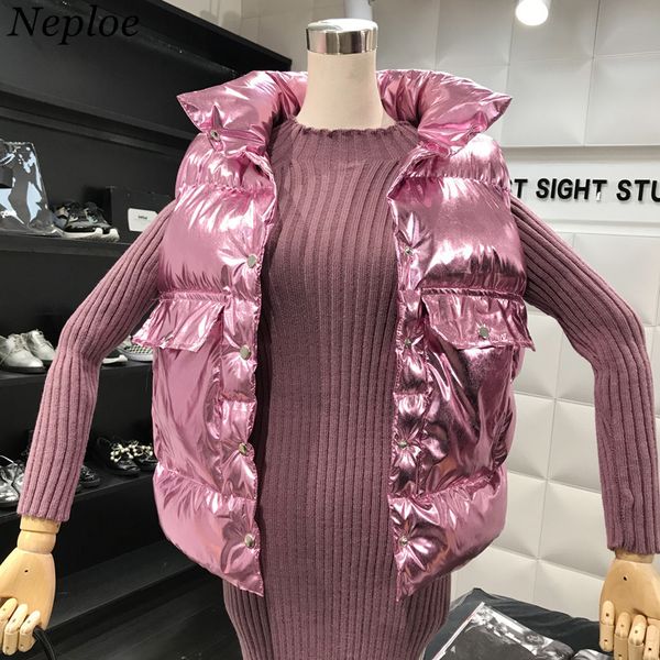 

neploe shinny stand collar winter cotton coat single breasted women winter jacket 2018 new fashion pockets parkas 69101, Black