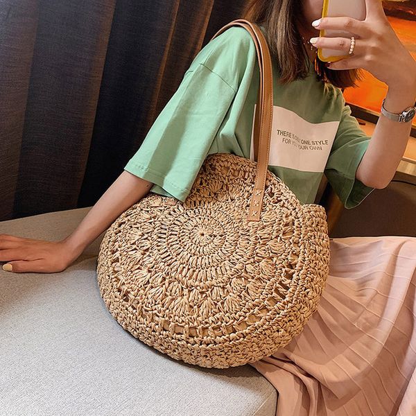 

woven rattan bag round straw shoulder bag small beach zipper handbags women hollow handmade messenger crossbody bags yjj1
