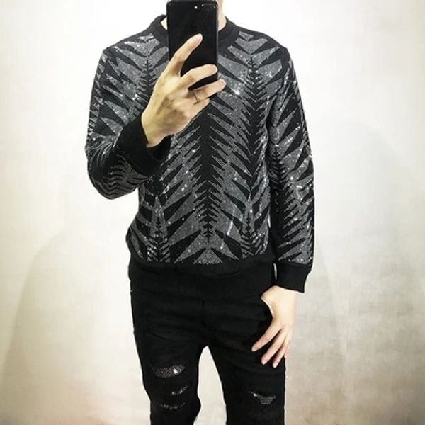 

n hip mens geometric rhinestone beading fanshion bling sweatshirts/show/club/ top, Black