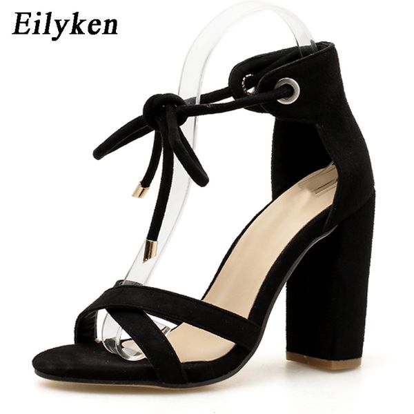 

eilyken women sandals summer lace-up fashion high heels peep toe shoes female square heel ladies sandals green, black size 35-40 lll