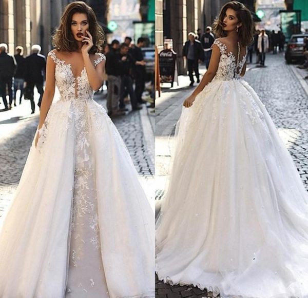 

2020 glamorous cap sleeves lace wedding dresses a line tulle lace applique sheer back bridal gowns with detachable overskirts bc1129
