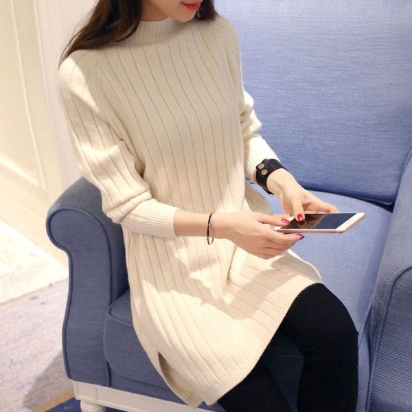 

wholesale autumn winter women mid-long sweater ladies pullover sweater solid color base cotton knit split long, White;black