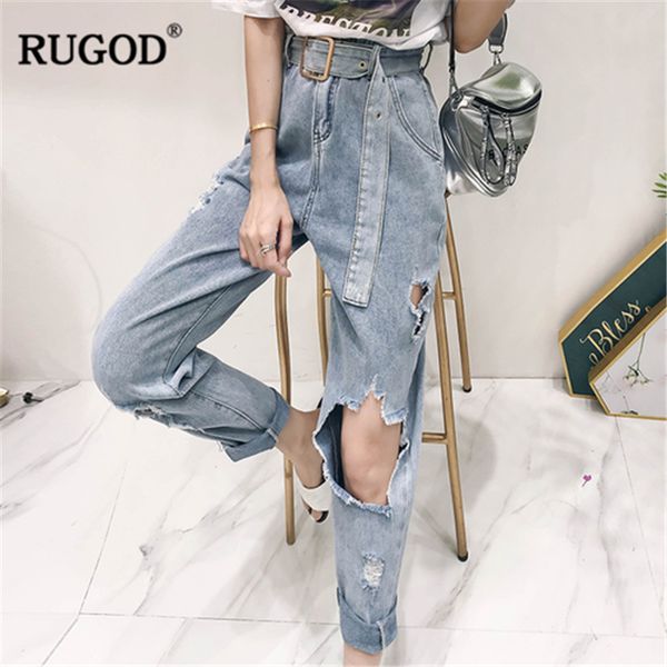 

rugod 2018 streetwear ripped hole denim pants femme wild cowboy jeans with belt straight boyfriend jeans for women, Blue