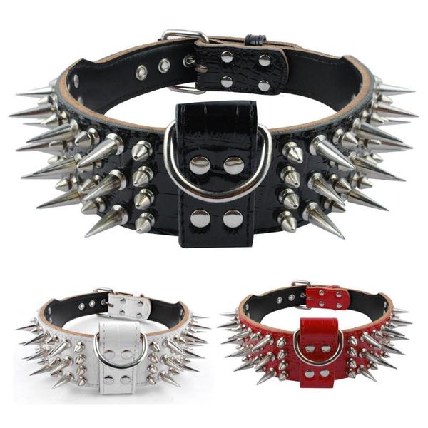 

2 inch wide genuine leather studded dog collars for medium large x-large pitbull dogs with cool spikes