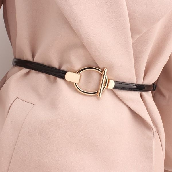 

niche dress item patent leather round buckle metal buckle belt dress coat coat decorative belt thin waist seal female, Black;brown