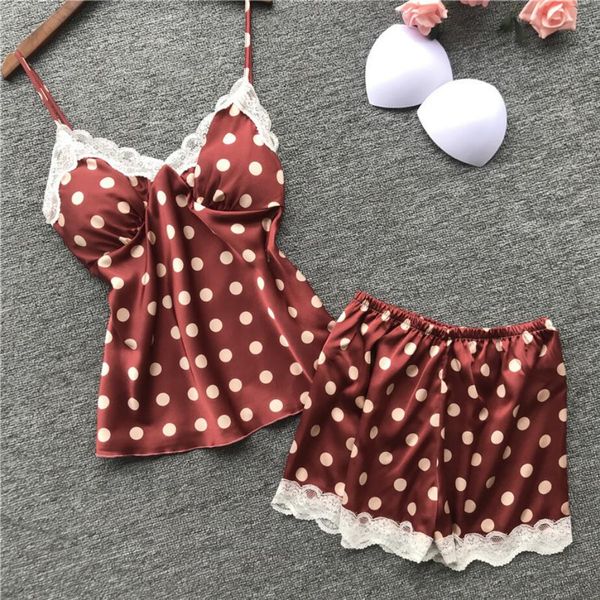 

women pajamas sets with shorts satin polka dot summer pyjama nightsuits pajamas for women with chest pad pijama shorts 992, Black;red