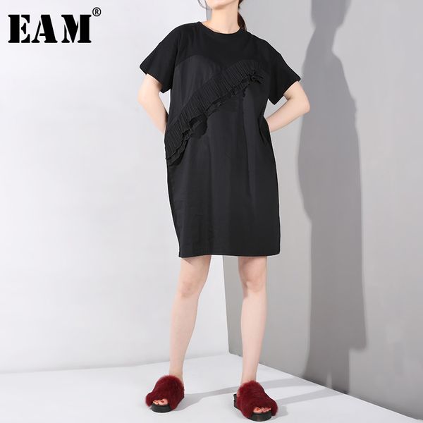 

eam] 2019 new spring summer round neck short sleeve hit color pleted split joint big size dress women fashion tide ju748, Black;gray