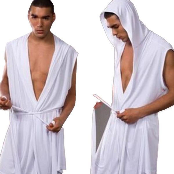 

men sleeveless sleepwear robe hooded bathrobe casual pajamas men's robes comfortable robe homewear with underwear, Black;brown